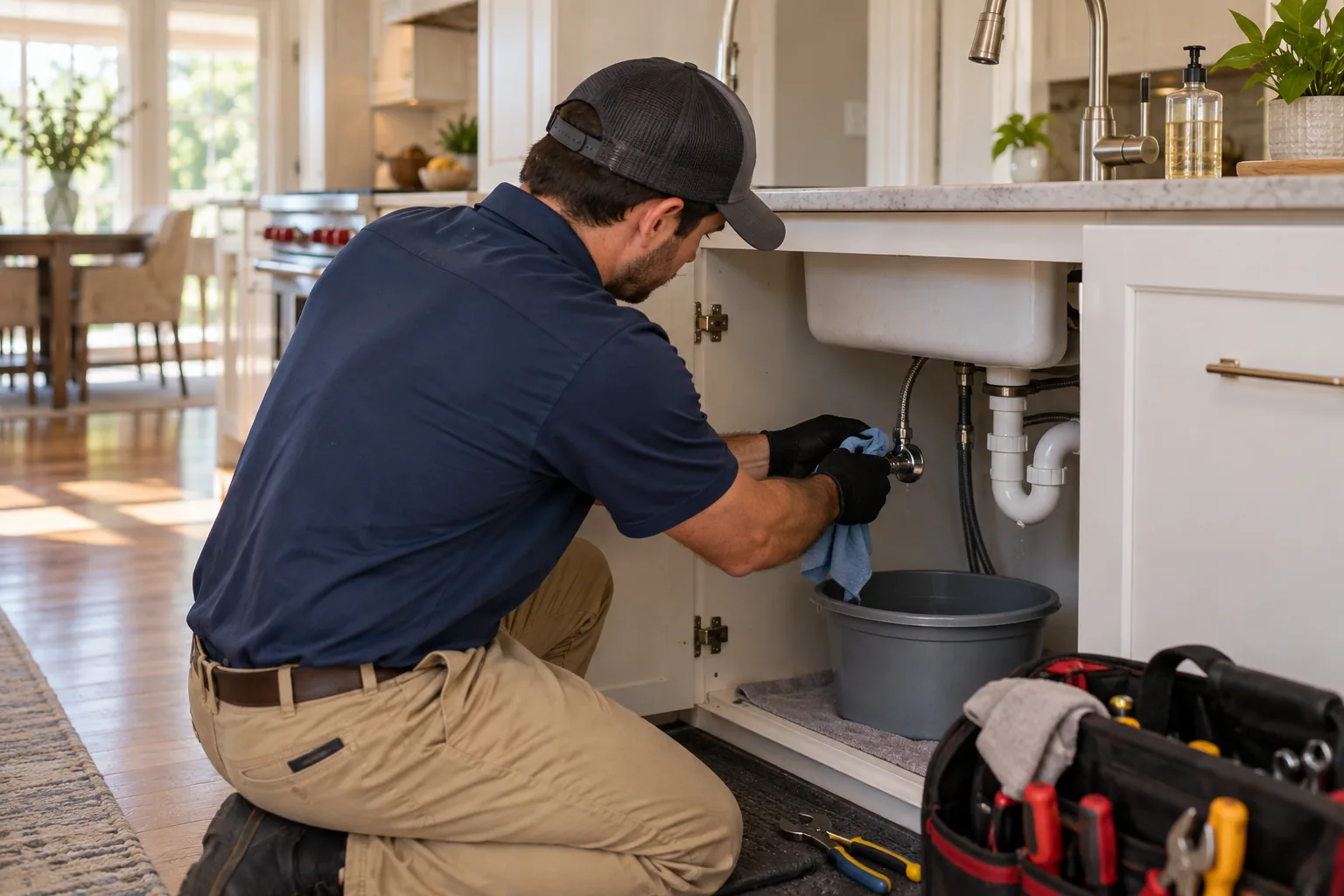 Plumber responding to an emergency plumbing issue in a Atlanta home