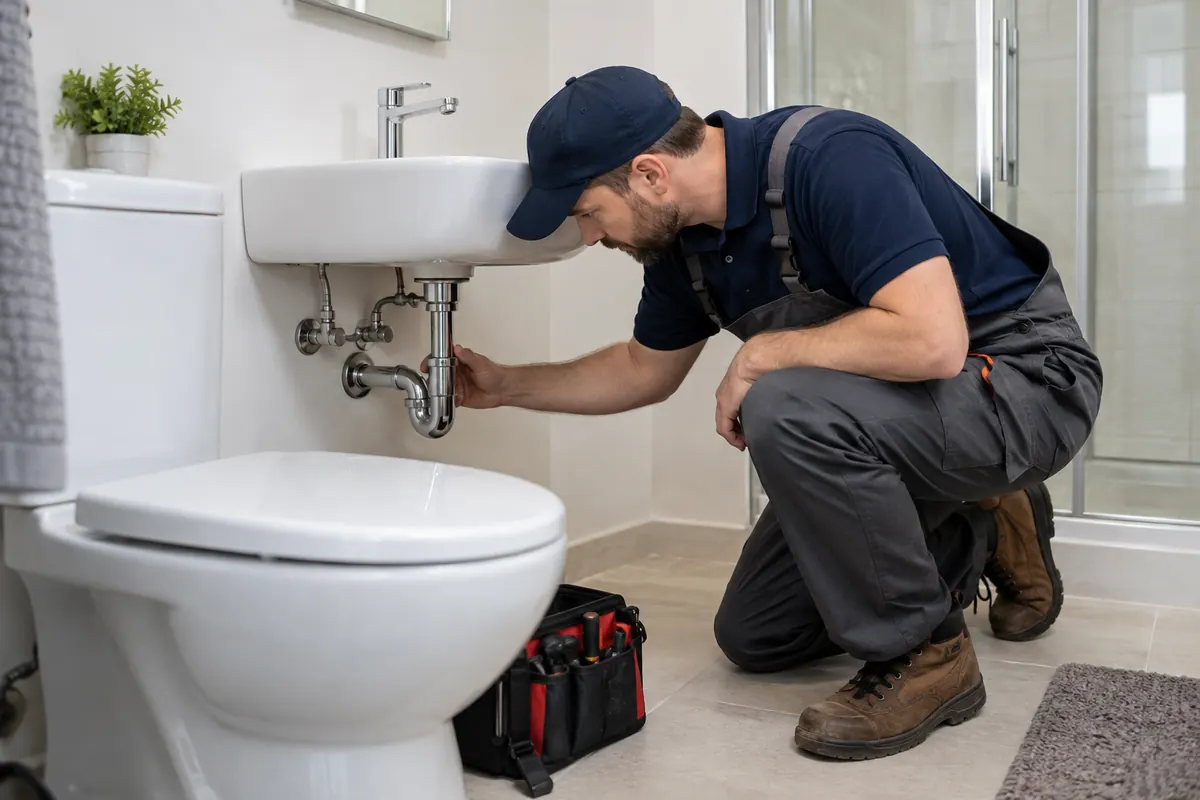 Plumber inspecting bathroom fixtures and plumbing connections