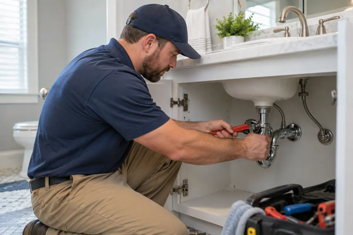 Plumber repairing connections beneath a residential bathroom sink