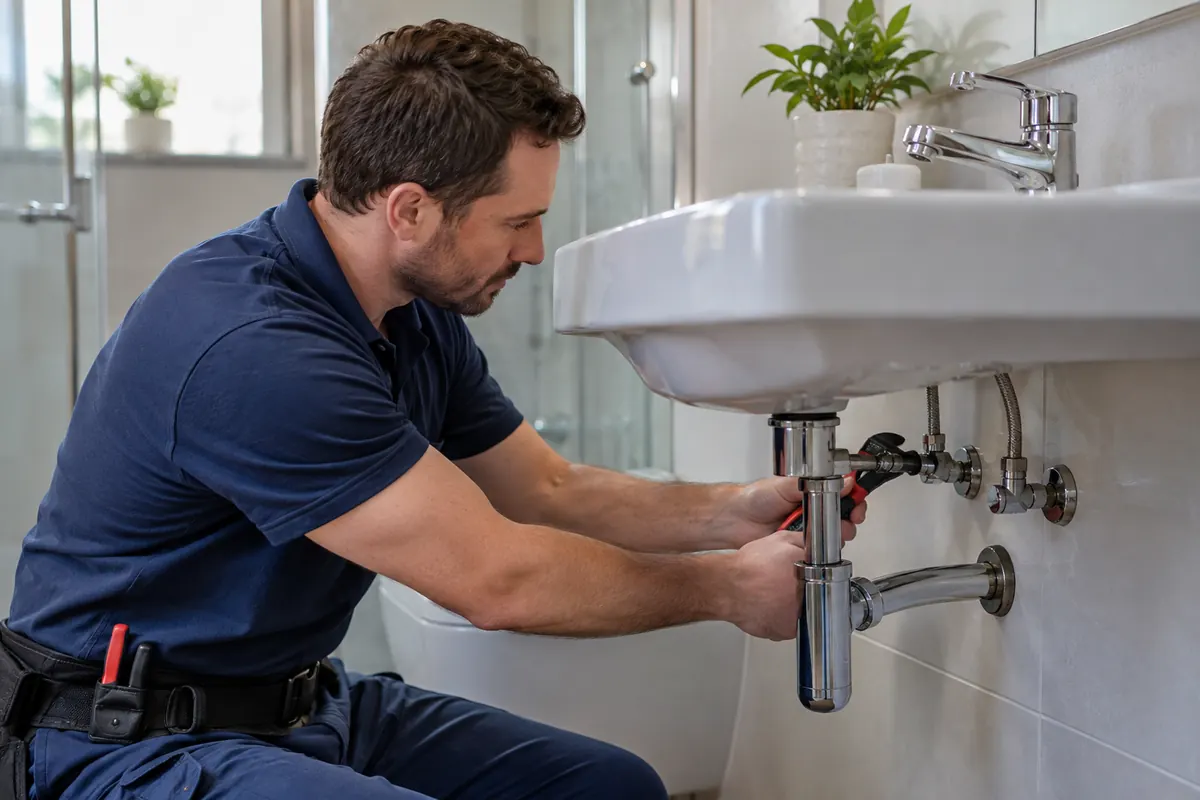 Plumber maintaining bathroom faucet and sink connections