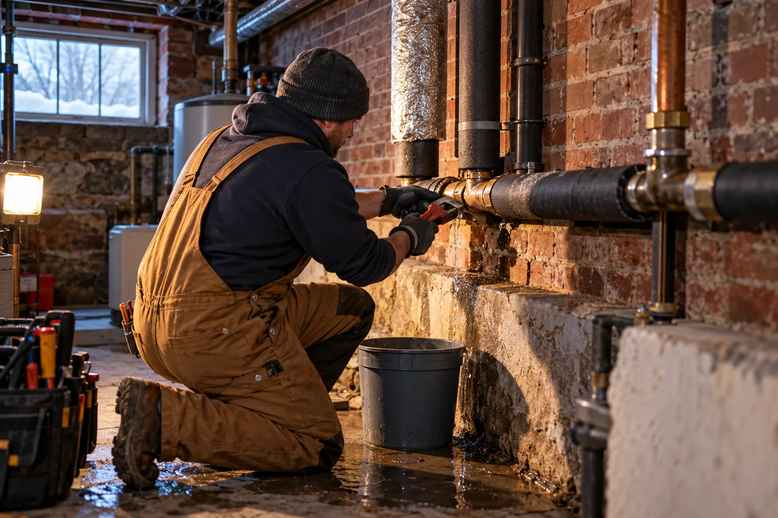 Plumber responding to an emergency plumbing issue in a Boston home