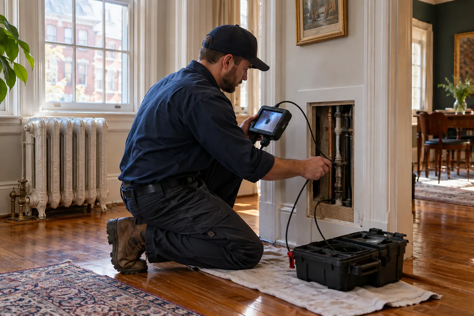 Plumber diagnosing a residential plumbing problem in Boston
