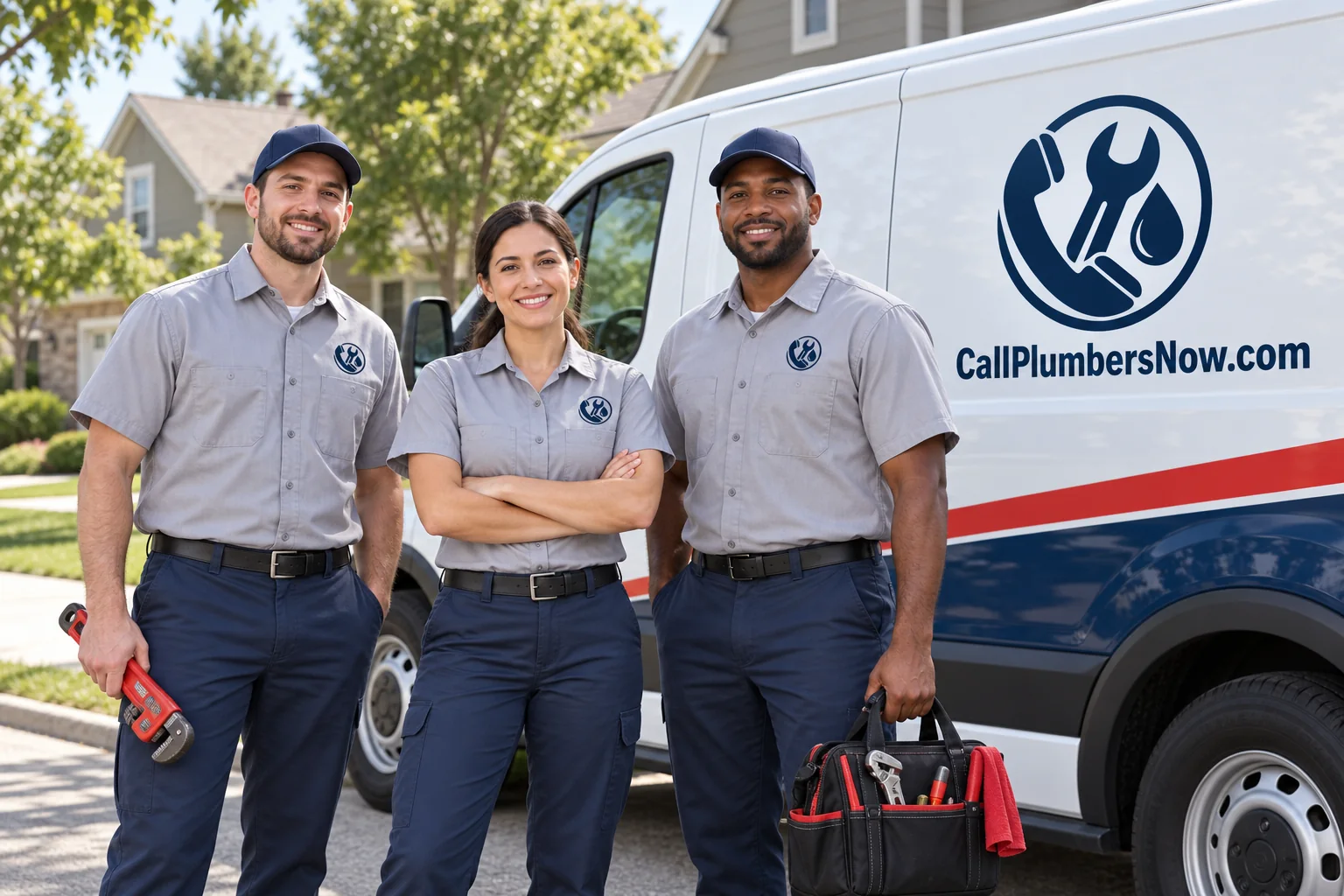 CallPlumbersNow.com plumbing service team beside a branded service van