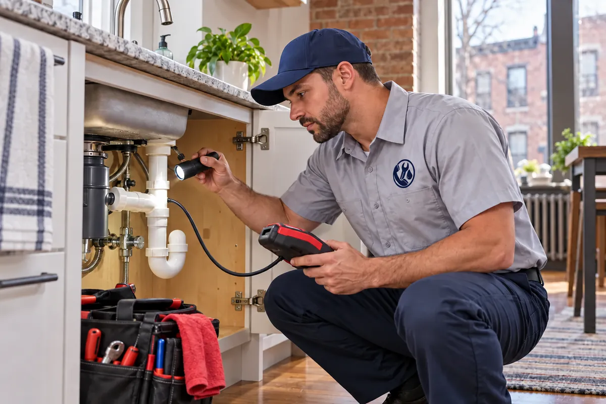 Plumber diagnosing a residential plumbing problem in Chicago