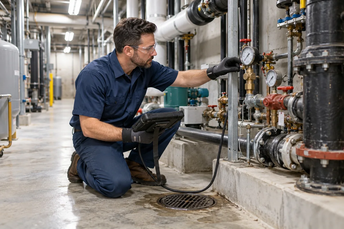 Commercial plumber inspecting building valves and drain piping