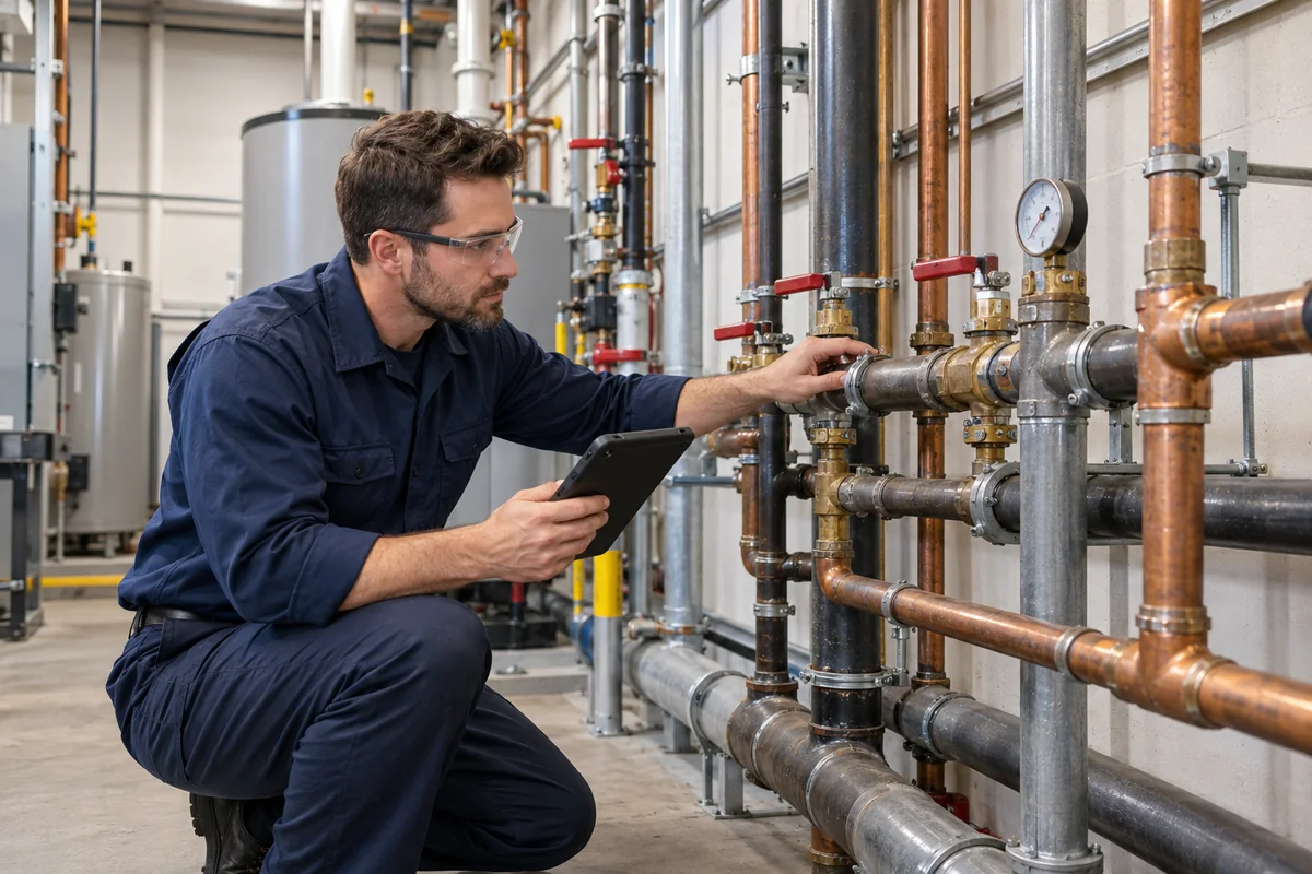 Commercial plumber servicing plumbing in a restaurant utility area