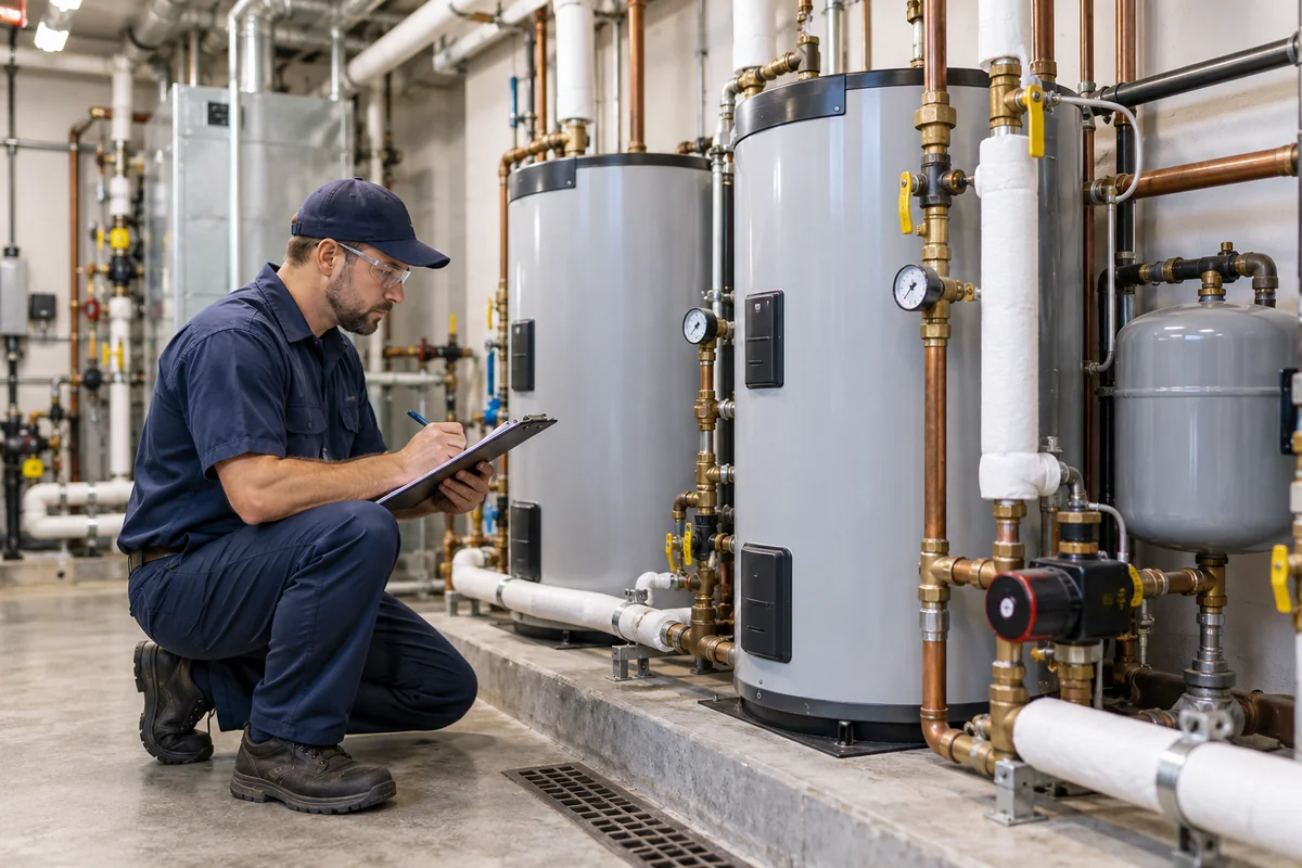 Commercial plumber performing scheduled building plumbing maintenance