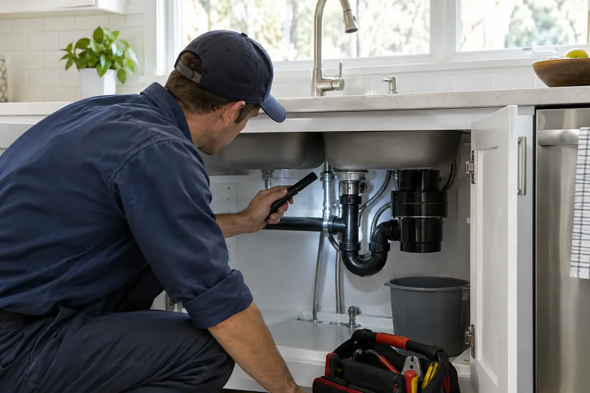 Plumber inspecting a residential sink drain and trap