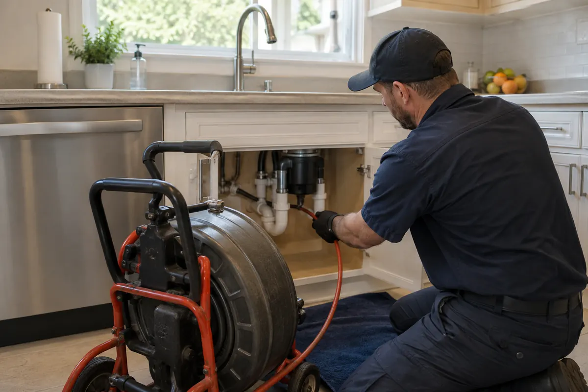 Plumber clearing a clogged residential kitchen drain