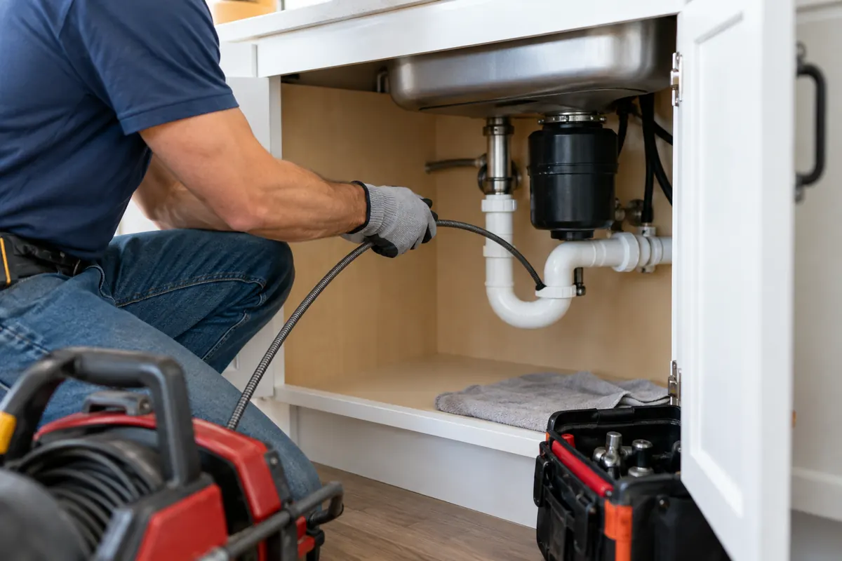 Plumber maintaining a residential kitchen drain line