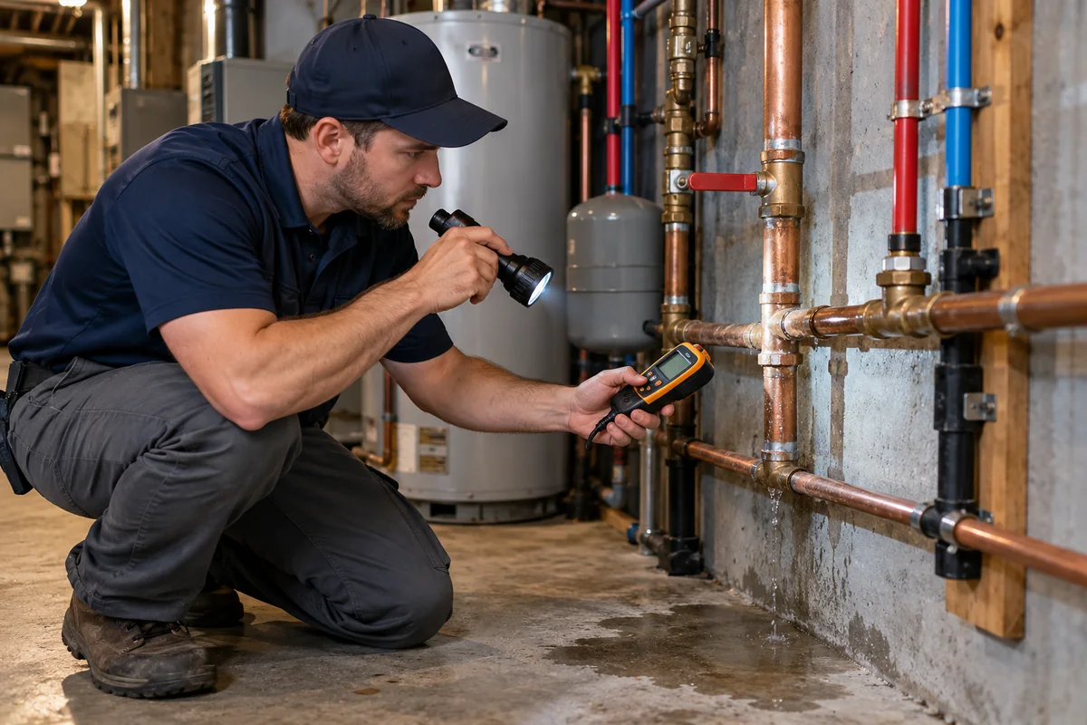 Plumber diagnosing the source of an active residential pipe leak