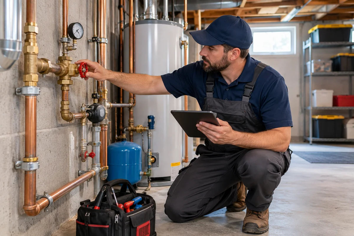 Plumber checking residential shutoff valves and supply connections
