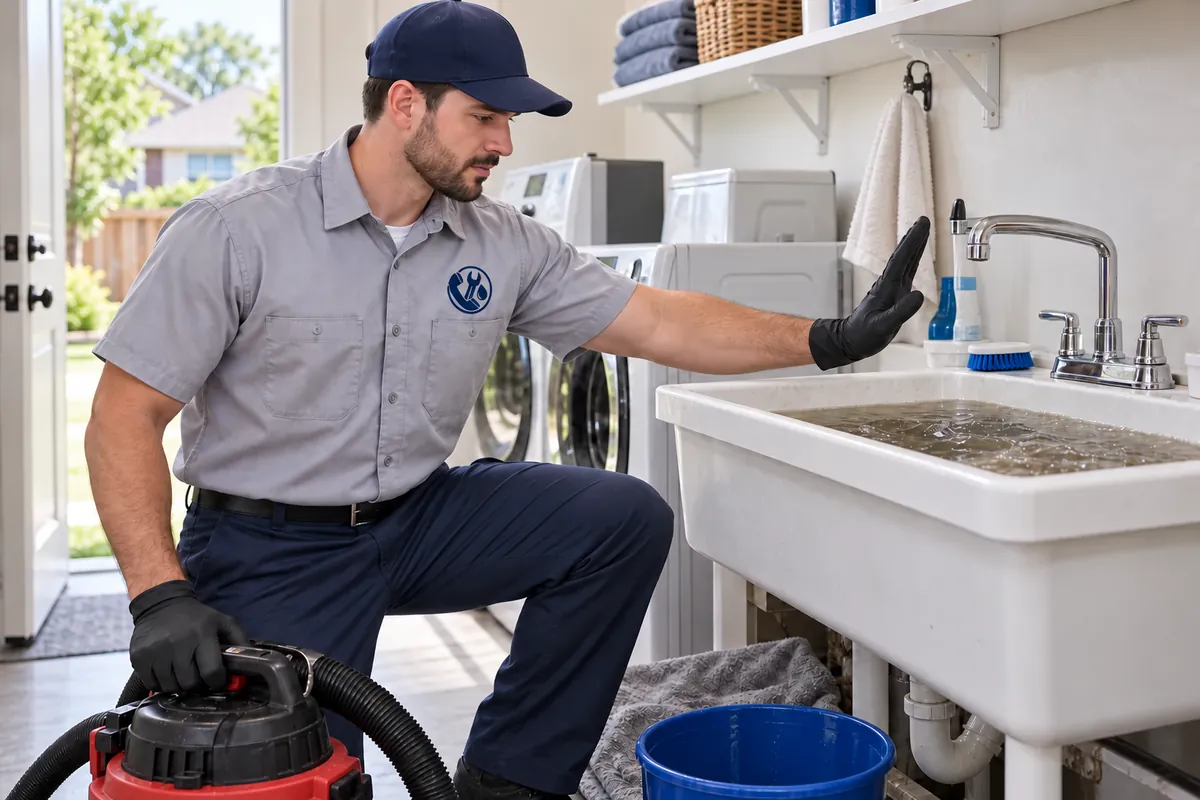 Plumber responding to an emergency plumbing issue in a Houston home