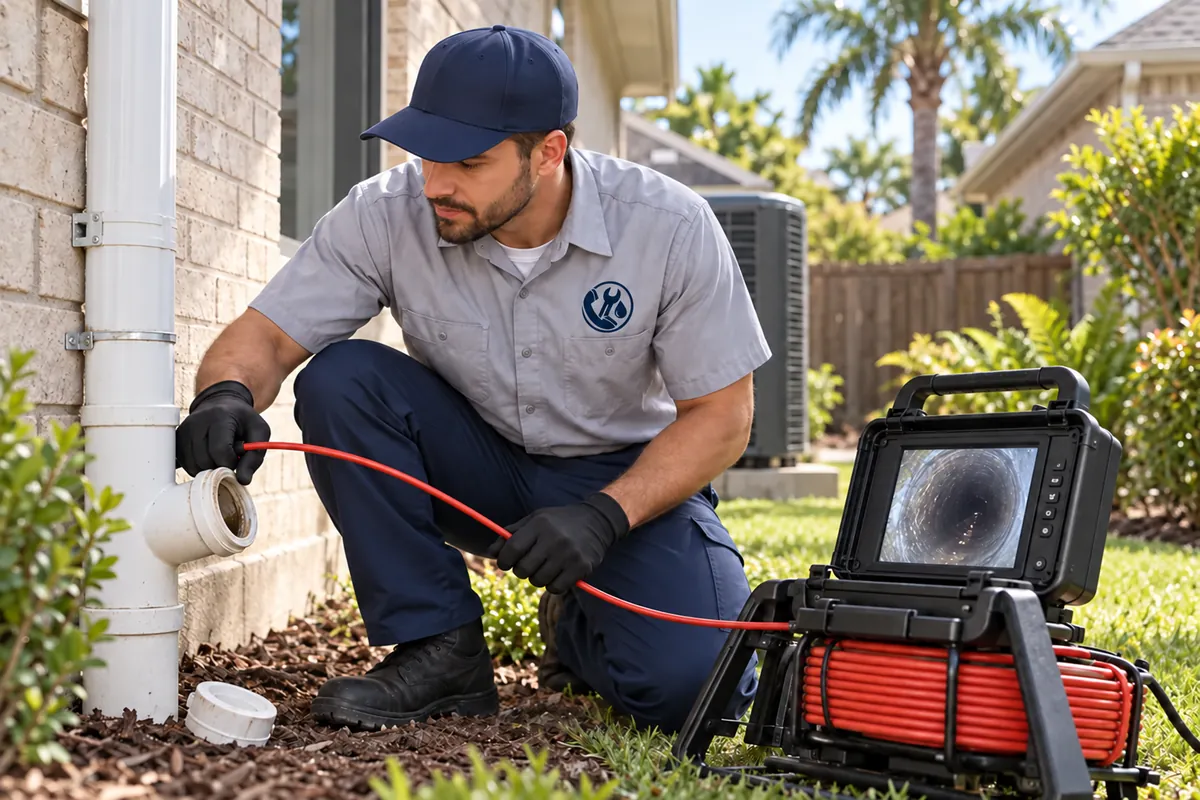 Plumber diagnosing a residential plumbing problem in Houston