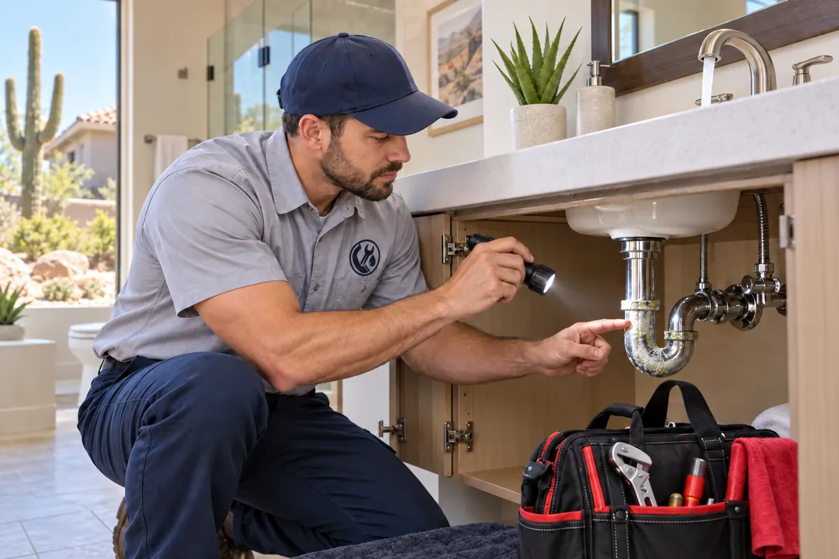Plumber diagnosing a residential plumbing problem in Las Vegas