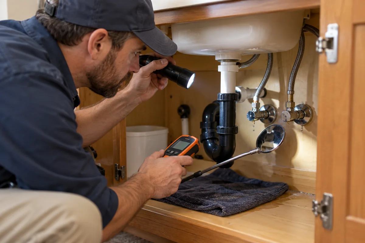 Plumber using moisture and thermal tools to locate a concealed leak