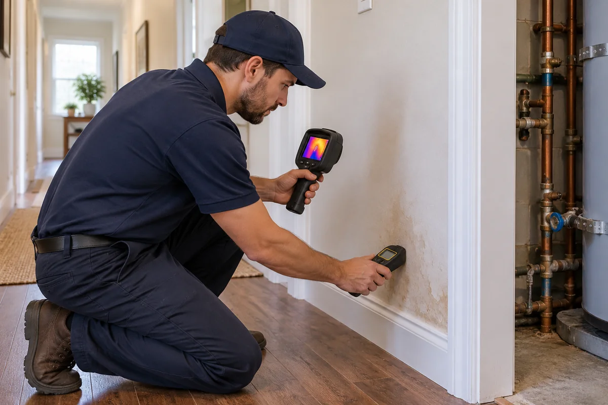 Plumber using leak-detection equipment in a residential property