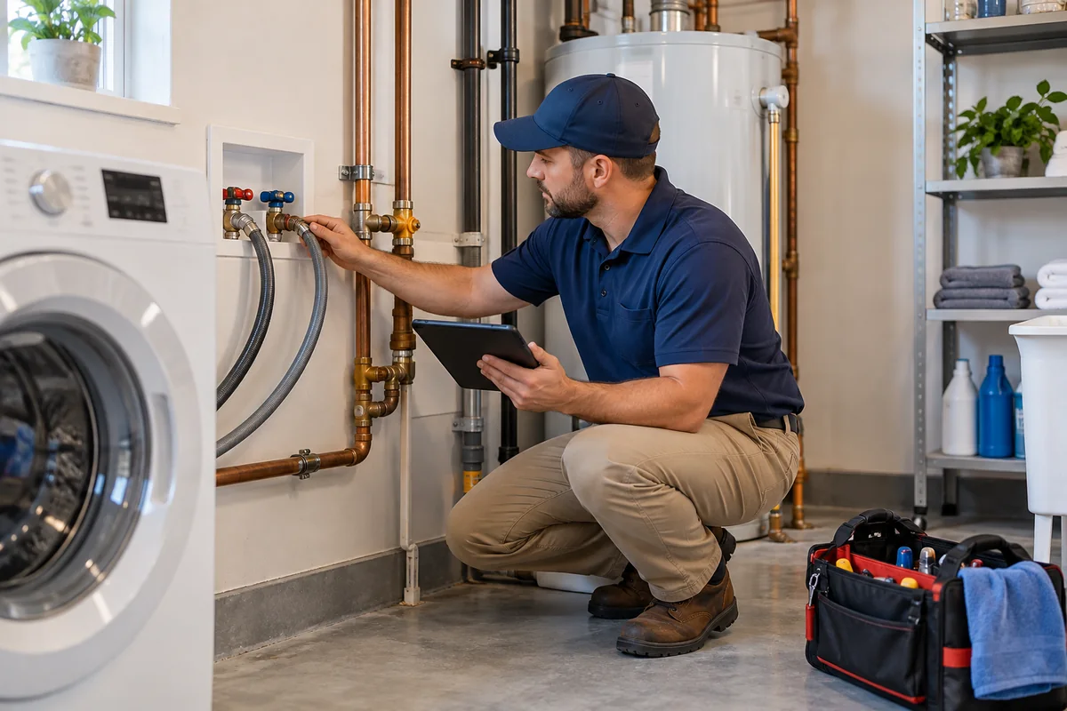 Plumber checking supply connections to help prevent household leaks