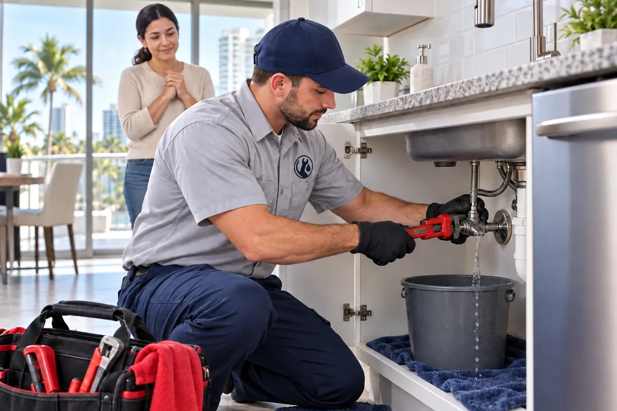 Plumber responding to an emergency plumbing issue in a Miami home