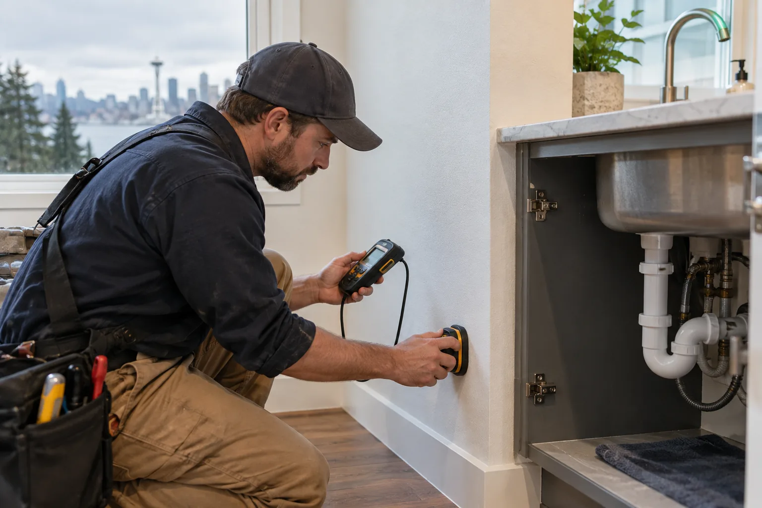 Plumber diagnosing a residential plumbing problem in Seattle