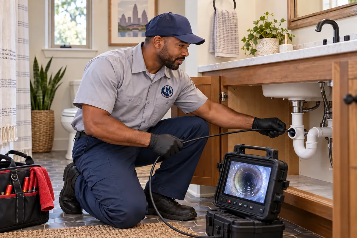 Plumber inspecting residential plumbing in Austin