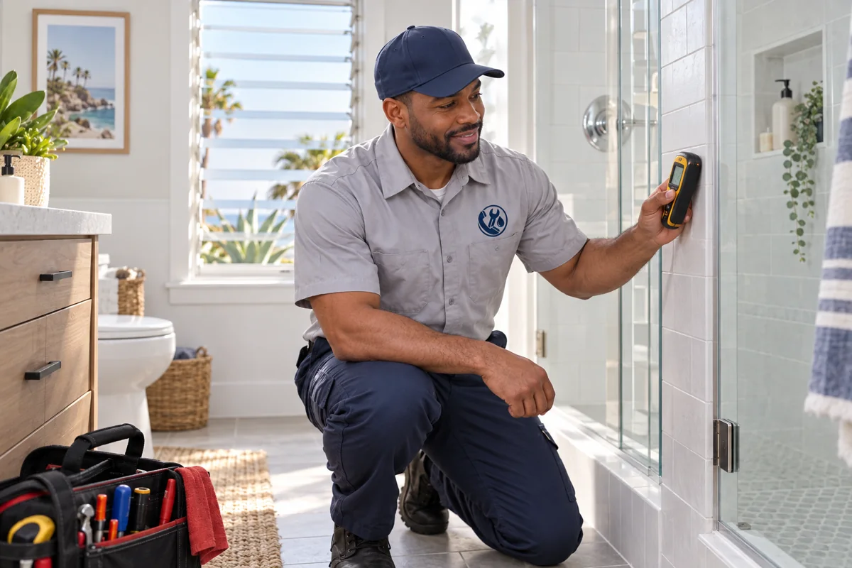 Plumber inspecting residential plumbing in San Diego