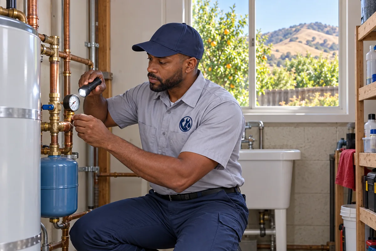 Plumber inspecting residential plumbing in San Jose