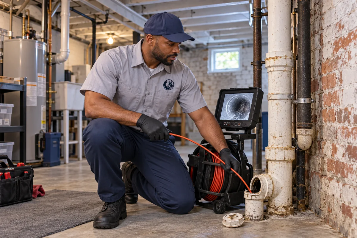 Plumber inspecting residential plumbing in Buffalo
