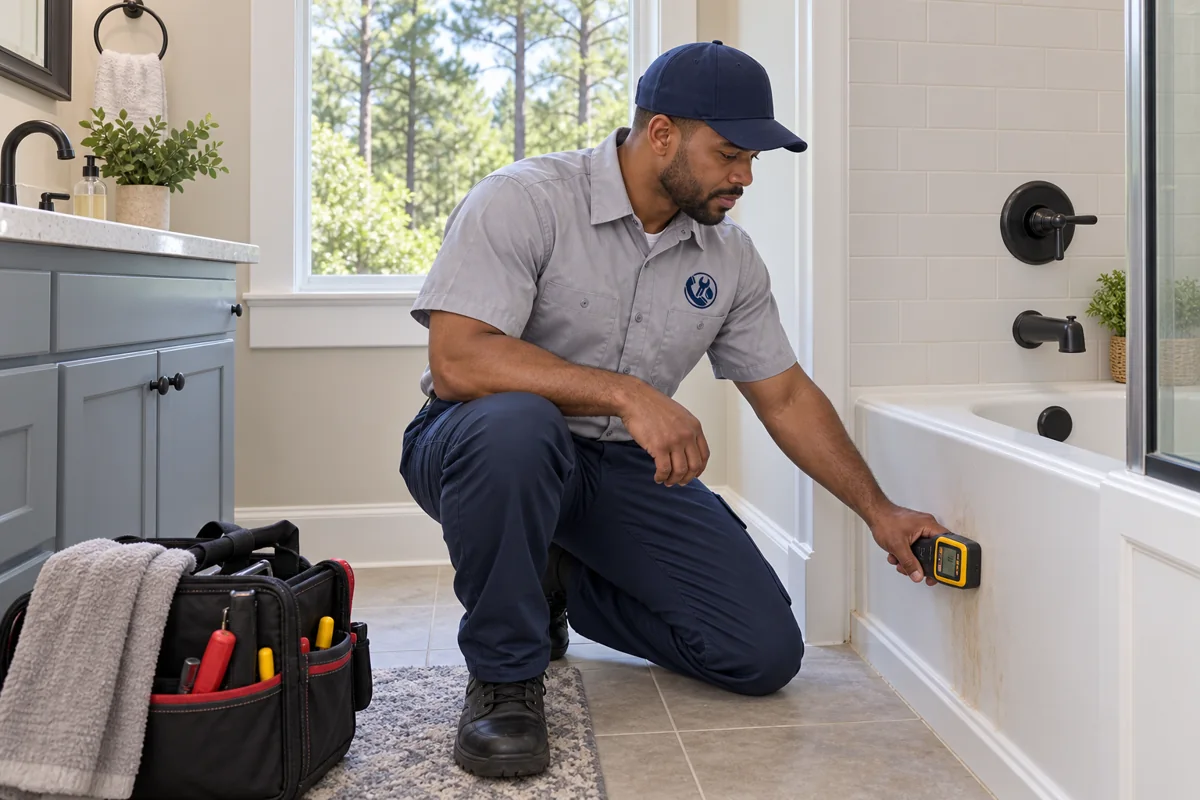 Plumber inspecting residential plumbing in Raleigh