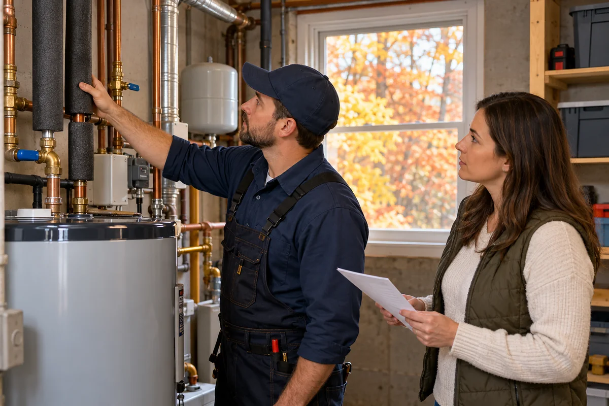 Plumber and homeowner reviewing pipes and water-heater connections during fall maintenance