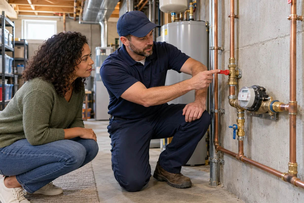 Plumber showing a homeowner the main water shutoff valve