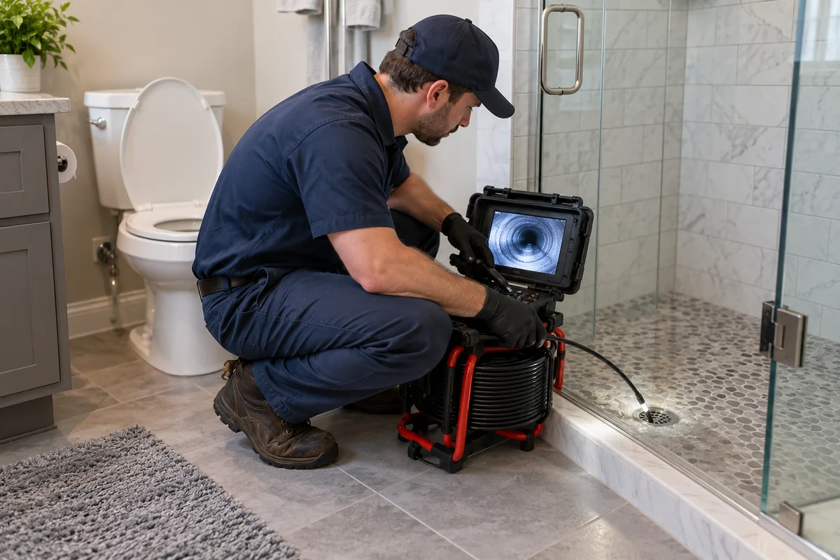 Plumber using a drain camera to inspect a shower drain near a toilet